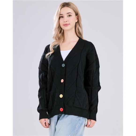 Women's Cable Knit Long Sleeve Open Front Cardigan Sheep V-Neck Button Down - Picture 4 of 6